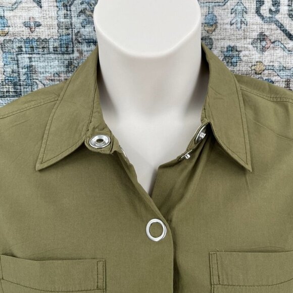 Zara Snap Front Dress Size L Elastic Cinch Waist Army Green SHort Sleeve Collar - Picture 2 of 12